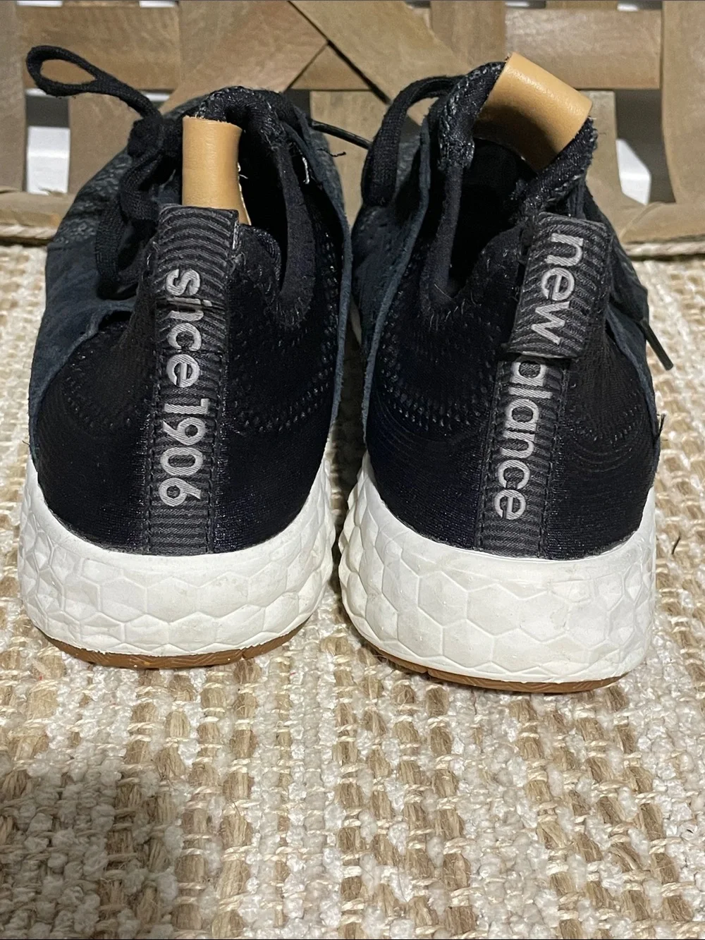 New Balance Black and White Athletic Sneakers with Tan Pull Tab